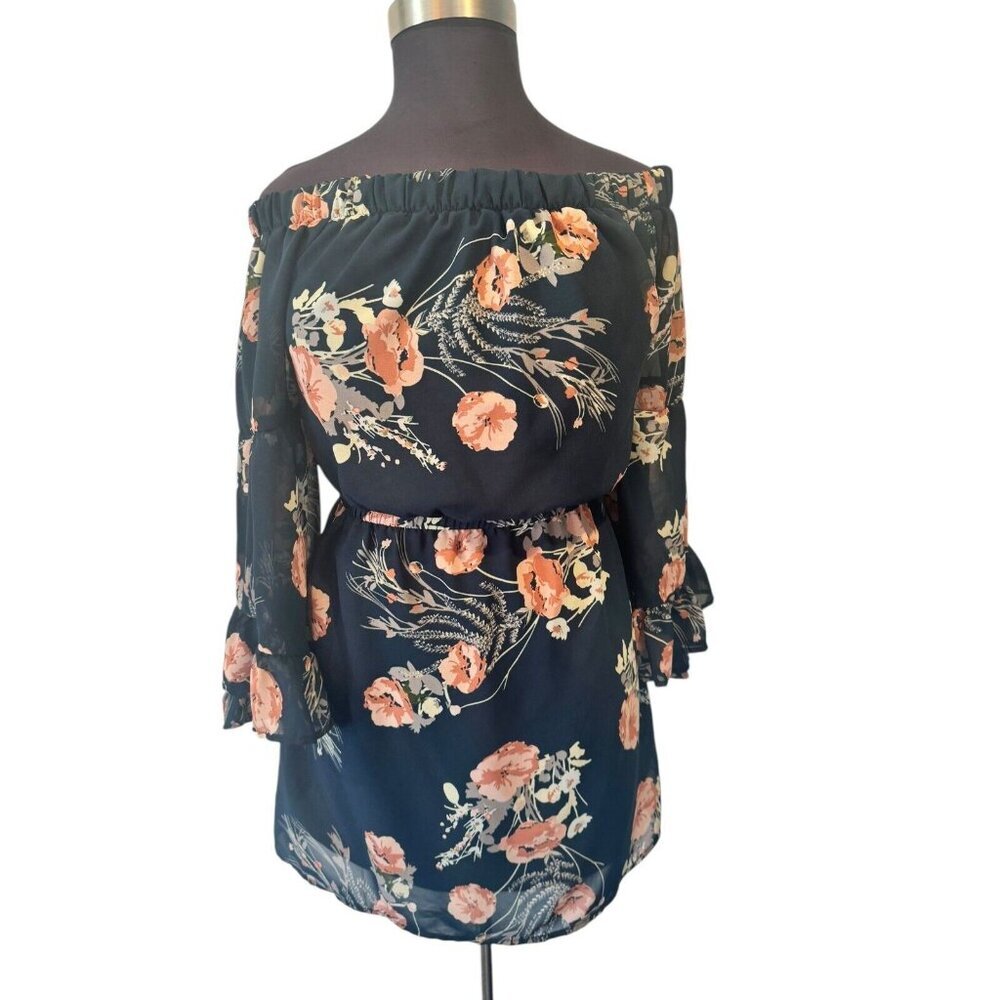 Indulge Blue Floral‎ Dress Size XL off Shoulder Mini Dress Lined sheer boho - Picture 2 of 11